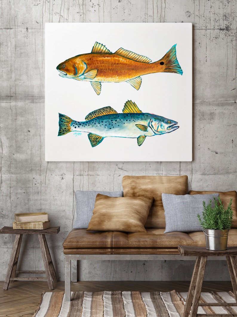 Red Drum Fish Wall Decor Trout Painting Print Coastal Art Fisherman Gifts For Him Fathers Day