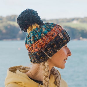 Explorer Pom Bobble Hat in Blue & Orange ~ woolly hat, bobble hat, winter hat, beanie hat, unisex, mens hats, womens hats, knitted bobble