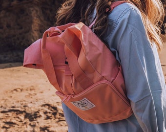 The Mini Recycled Roll-Top Backpack in Coral ~ college bag, school bag, backpack, travel bag, mens bag, ladies bag, cabin bag