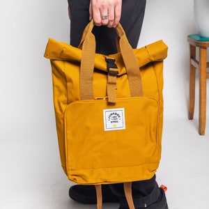 The Everyday Recycled Roll-Top Backpack in Mustard college bag, school bag, backpack, travel bag, mens bag, ladies bag, cabin bag image 4