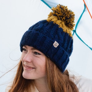 Adventurer Pom Bobble Hat in Navy & Mustard ~ woolly hat, bobble hat, winter hat, beanie hat, unisex, mens hats, womens hats, knitted bobble