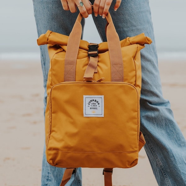 The Everyday Recycled Roll-Top Backpack in Mustard ~ college bag, school bag, backpack, travel bag, mens bag, ladies bag, cabin bag