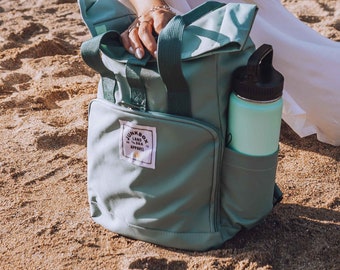 The Mini Recycled Roll-Top Backpack in Sage Green ~ college bag, school bag, backpack, travel bag, mens bag, ladies bag, cabin bag