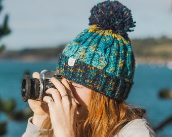 Explorer Pom Bobble Hat in Blue & Yellow ~ woolly hat, bobble hat, winter hat, beanie hat, unisex, mens hats, womens hats, knitted bobble