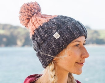 Adventurer Pom Bobble Hat in Grey & Pink ~ woolly hat, bobble hat, winter hat, beanie hat, unisex, mens hats, womens hats, knitted bobble