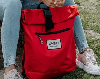The Adventurer Recycled Roll-Top Backpack in Red ~ college bag, school bag, backpack, travel bag, mens bag, ladies bag, cabin bag