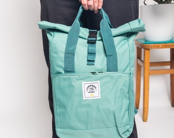 The Everyday Recycled Roll-Top Backpack in Sage Green ~ college bag, school bag, backpack, travel bag, mens bag, ladies bag, cabin bag