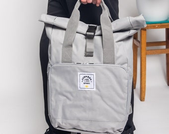 The Everyday Recycled Roll-Top Backpack in Grey ~ college bag, school bag, backpack, travel bag, mens bag, ladies bag, cabin bag, man bag