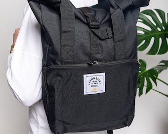 The Everyday Recycled Roll-Top Backpack in Black ~ college bag, school bag, backpack, travel bag, mens bag, ladies bag, cabin bag, man bag