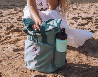 The Mini Recycled Roll-Top Backpack in Sage Green ~ college bag, school bag, backpack, travel bag, mens bag, ladies bag, cabin bag