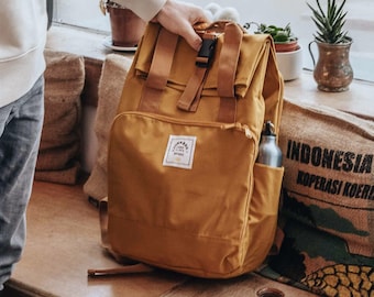 The Traveller Recycled Laptop Backpack in Mustard ~ college bag, school bag, backpack, travel bag, mens bag, ladies bag, cabin bag