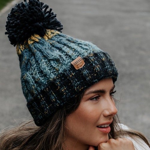 Corkscrew Bobble Hat in Blue \u0026 Yellow 