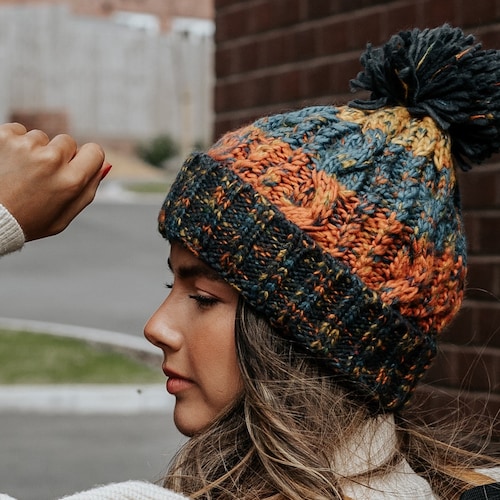 Corkscrew Bobble Hat in Blue \u0026 Orange 