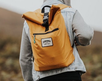 The Adventurer Recycled Roll-Top Backpack in Mustard ~ college bag, school bag, rucksack, travel bag, mens bag, ladies bag, cabin bag