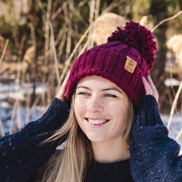 Wanderer Pom Bobble Hat in Burgundy ~ woolly hat, bobble hat, winter hat, beanie hat, unisex, mens hats, womens hats, maroon knitted hat