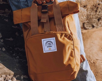 The Mini Recycled Roll-Top Backpack in Mustard ~ college bag, school bag, backpack, travel bag, mens bag, ladies bag, cabin bag