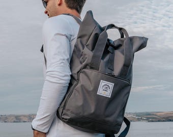 The Everyday Recycled Recycled Roll-Top Backpack in Charcoal ~ college bag, school bag, backpack, travel bag, mens bag, ladies bag, cabin