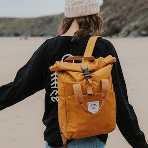 The Everyday Recycled Roll-Top Backpack in Mustard college bag, school bag, backpack, travel bag, mens bag, ladies bag, cabin bag image 3