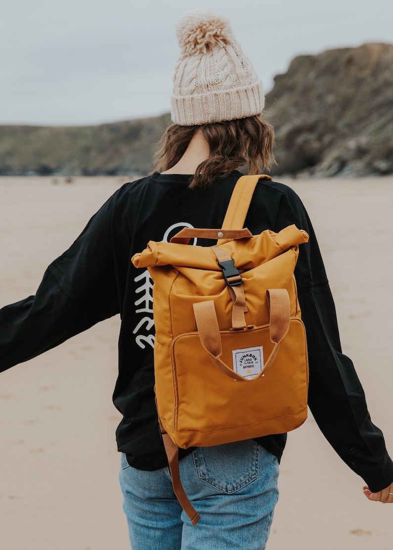 The Everyday Recycled Roll-Top Backpack in Mustard college bag, school bag, backpack, travel bag, mens bag, ladies bag, cabin bag image 3