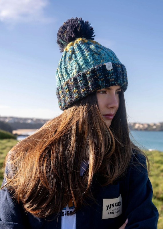 Explorer Cable Knit Pom Beanie: Blue & Yellow Woolly Winter Hat - Etsy
