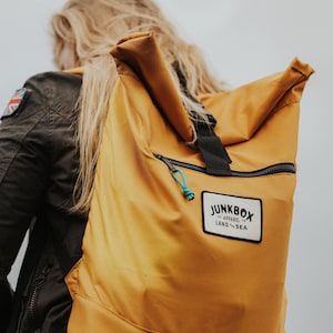 The Adventurer Recycled Roll-Top Backpack in Mustard college bag, school bag, rucksack, travel bag, mens bag, ladies bag, cabin bag image 6