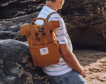 The Mini Recycled Roll-Top Backpack in Mustard ~ college bag, school bag, backpack, travel bag, mens bag, ladies bag, cabin bag