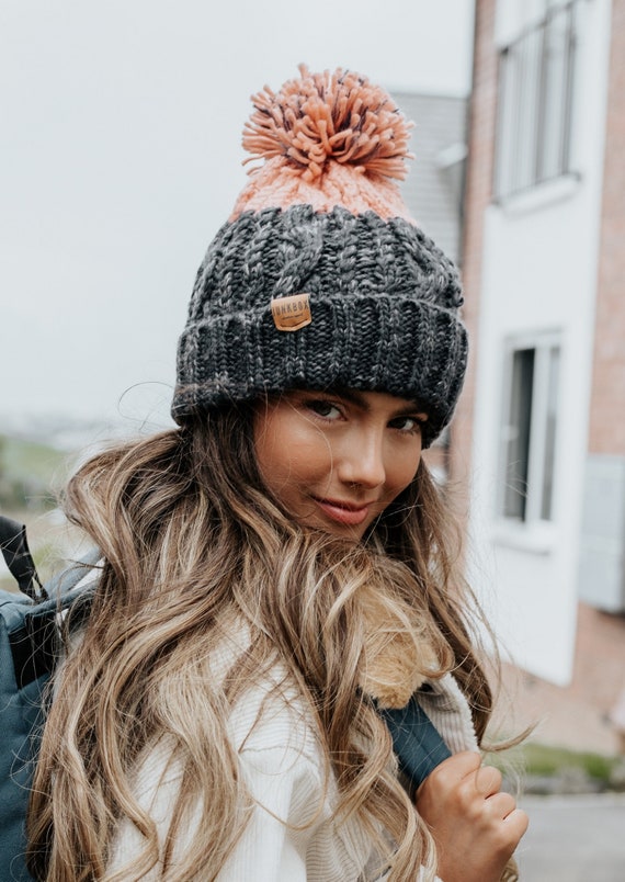 Adventurer Pom Bobble Hat in Grey & Pink ~ woolly hat, bobble hat, winter hat, beanie hat, unisex, mens hats, womens hats, knitted bobble
