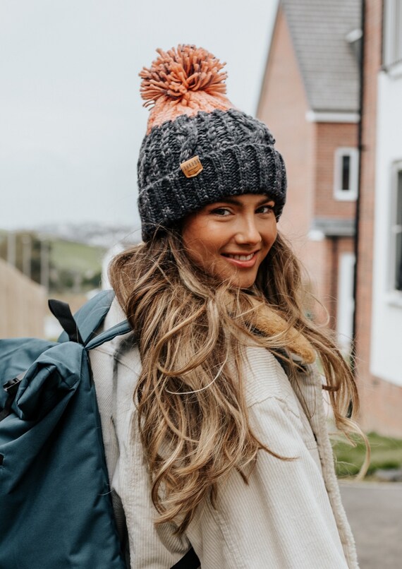 grey pom pom hat womens