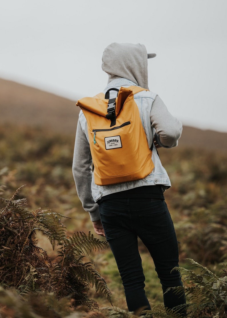 The Adventurer Recycled Roll-Top Backpack in Mustard college bag, school bag, rucksack, travel bag, mens bag, ladies bag, cabin bag image 1