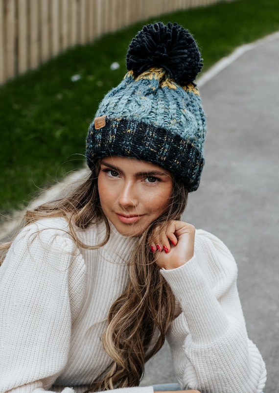 Corkscrew Bobble Hat in Blue \u0026 Yellow 