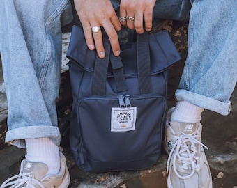 The Mini Recycled Roll-Top Backpack in Navy ~ college bag, school bag, backpack, travel bag, mens bag, ladies bag, cabin bag