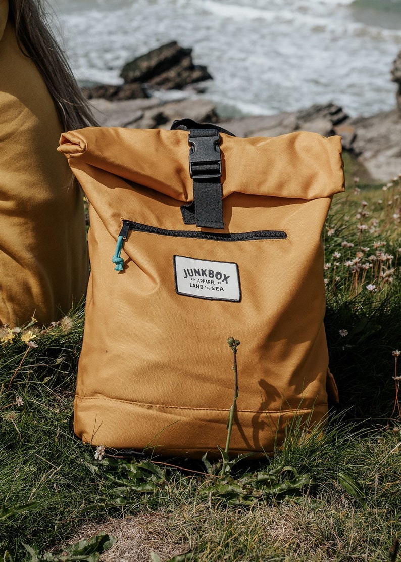 The Adventurer Recycled Roll-Top Backpack in Mustard college bag, school bag, rucksack, travel bag, mens bag, ladies bag, cabin bag image 2