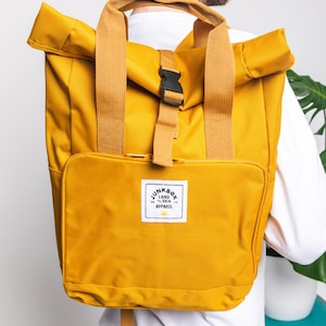 The Everyday Recycled Roll-Top Backpack in Mustard college bag, school bag, backpack, travel bag, mens bag, ladies bag, cabin bag image 5