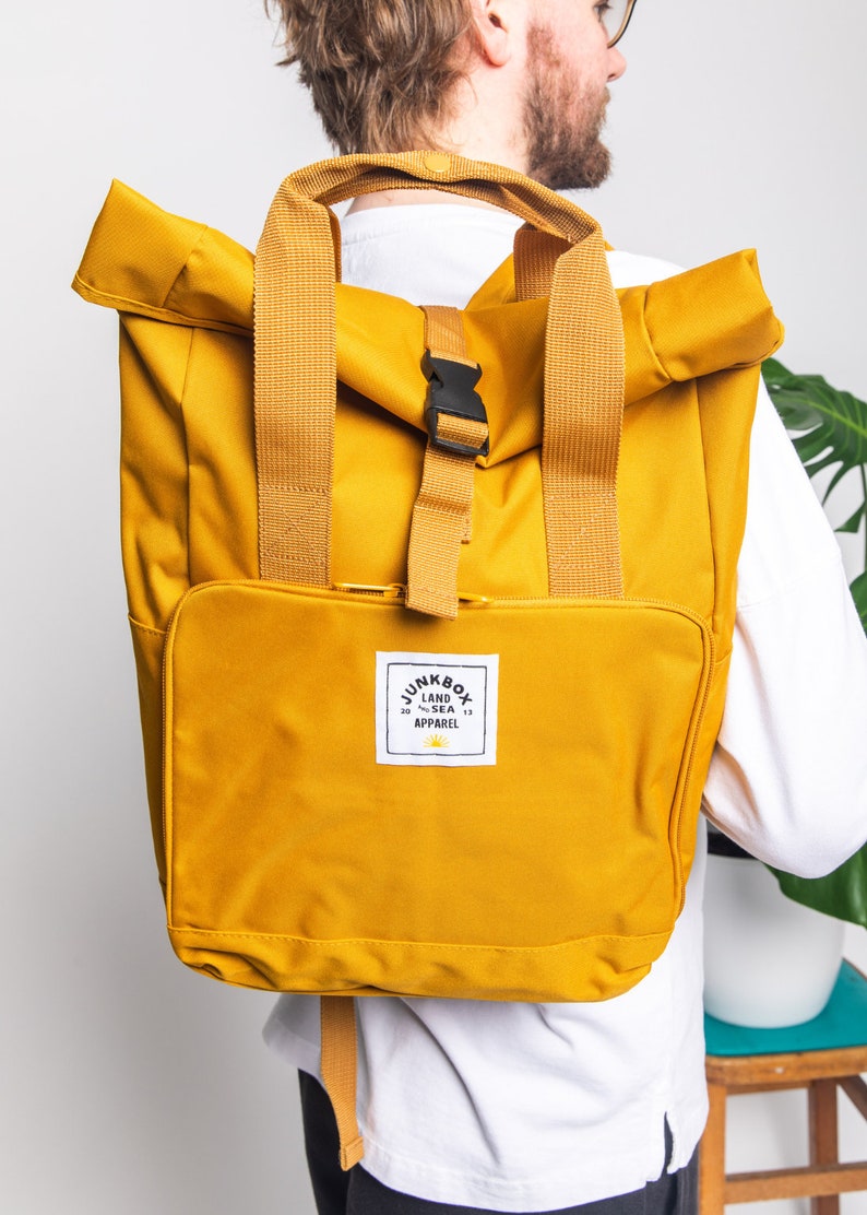 The Everyday Recycled Roll-Top Backpack in Mustard college bag, school bag, backpack, travel bag, mens bag, ladies bag, cabin bag image 5