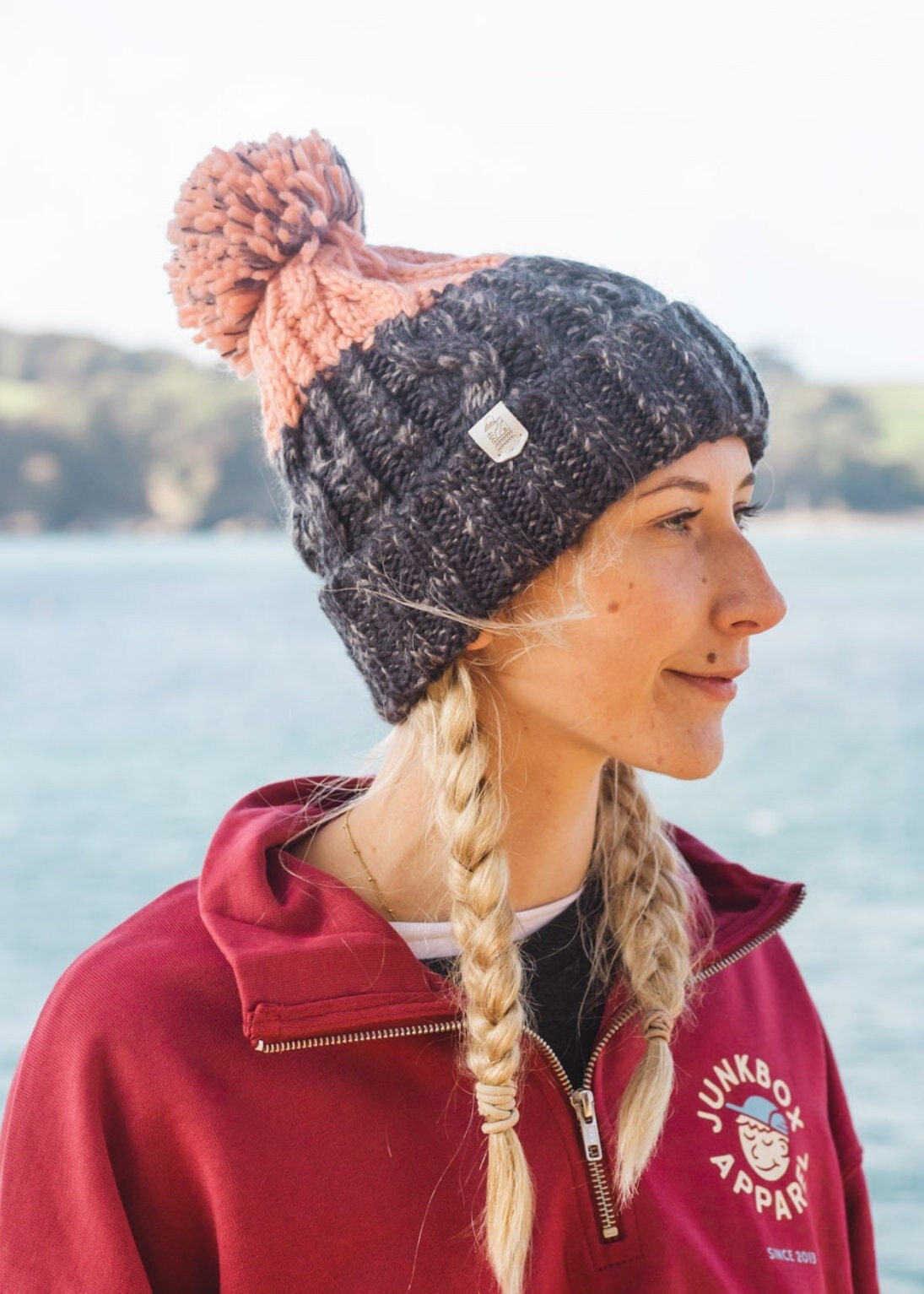 Adventurer Pom Bobble Hat in Grey & Pink ~ woolly hat, bobble hat, winter hat, beanie hat, unisex, mens hats, womens hats, knitted bobble