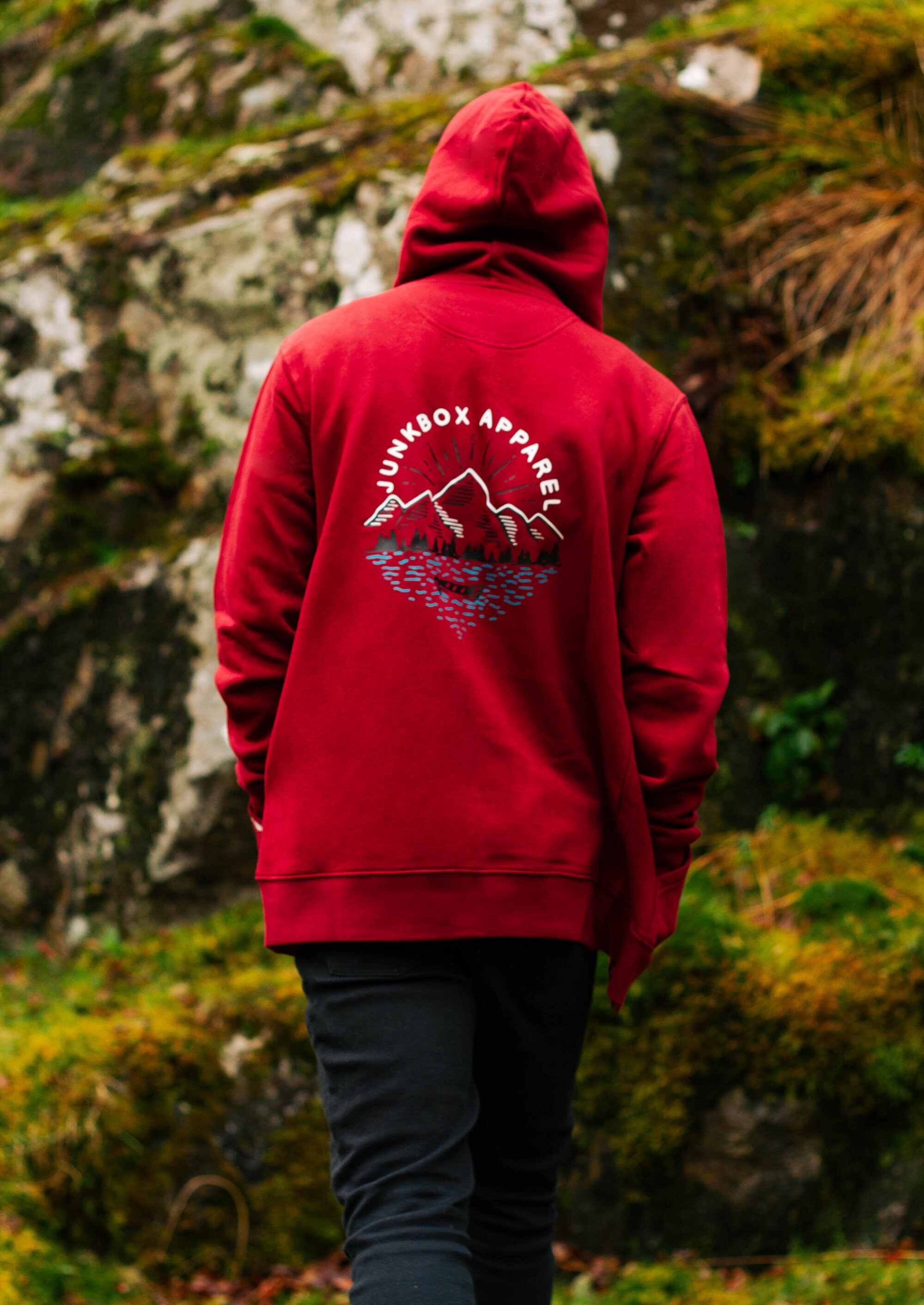Image of Burgundy Lakeside Unisex Organic Zip Hoodie ~ Hooded Top, Leisurewear, Streetwear, Hood, Tracksuit, Retro, Sportswear, Branded Junkbox