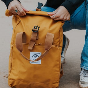 The Everyday Recycled Roll-Top Backpack in Mustard college bag, school bag, backpack, travel bag, mens bag, ladies bag, cabin bag image 7