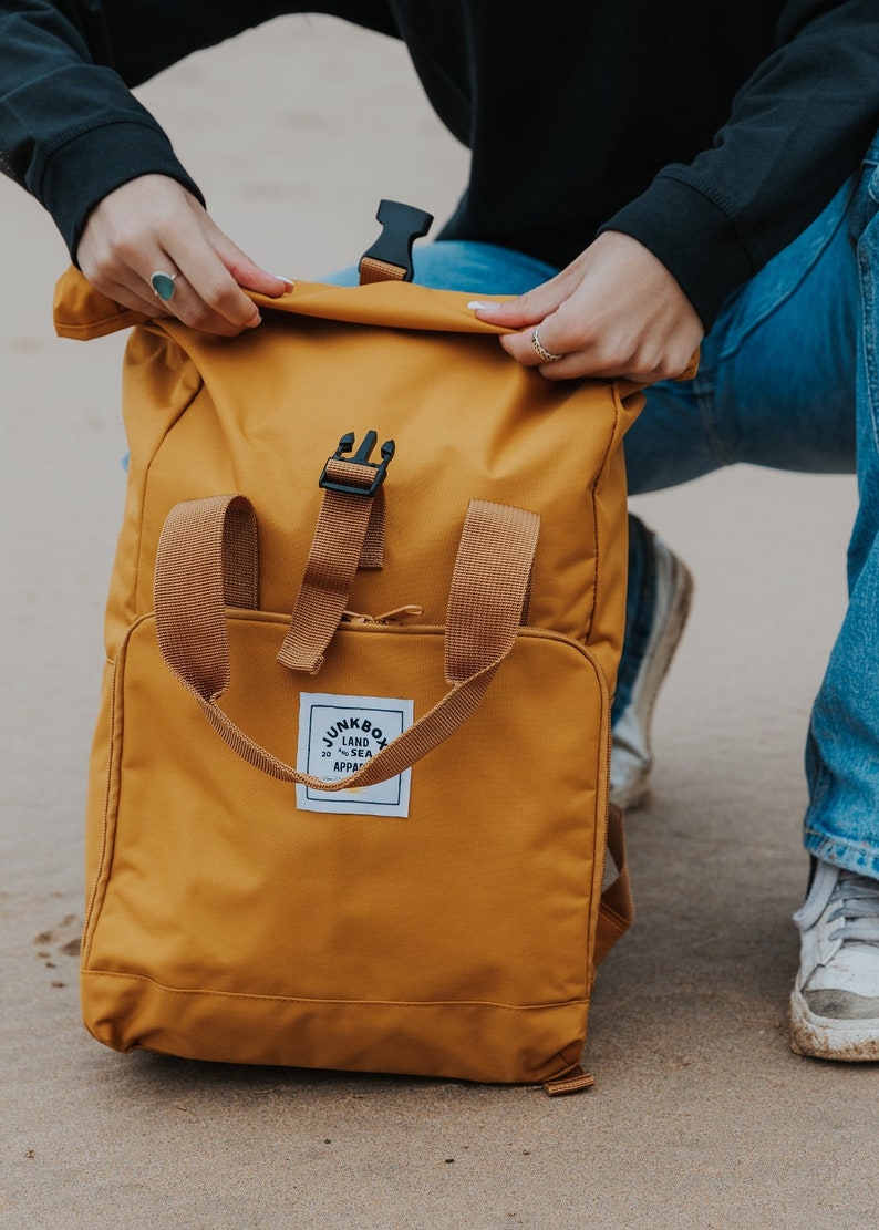 The Everyday Recycled Roll-Top Backpack in Mustard college bag, school bag, backpack, travel bag, mens bag, ladies bag, cabin bag image 7