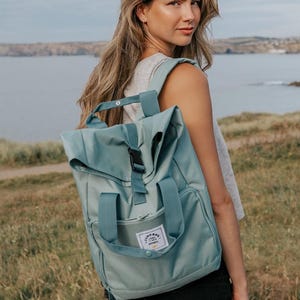 The Everyday Recycled Roll-Top Backpack in Sage Green ~ college bag, school bag, backpack, travel bag, mens bag, ladies bag, cabin bag