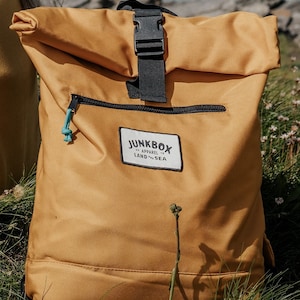 The Adventurer Recycled Roll-Top Backpack in Mustard college bag, school bag, rucksack, travel bag, mens bag, ladies bag, cabin bag image 3