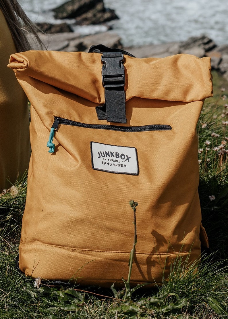 The Adventurer Recycled Roll-Top Backpack in Mustard college bag, school bag, rucksack, travel bag, mens bag, ladies bag, cabin bag image 3