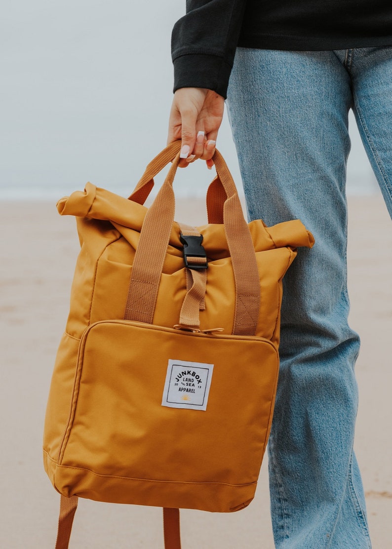 The Everyday Recycled Roll-Top Backpack in Mustard college bag, school bag, backpack, travel bag, mens bag, ladies bag, cabin bag image 2