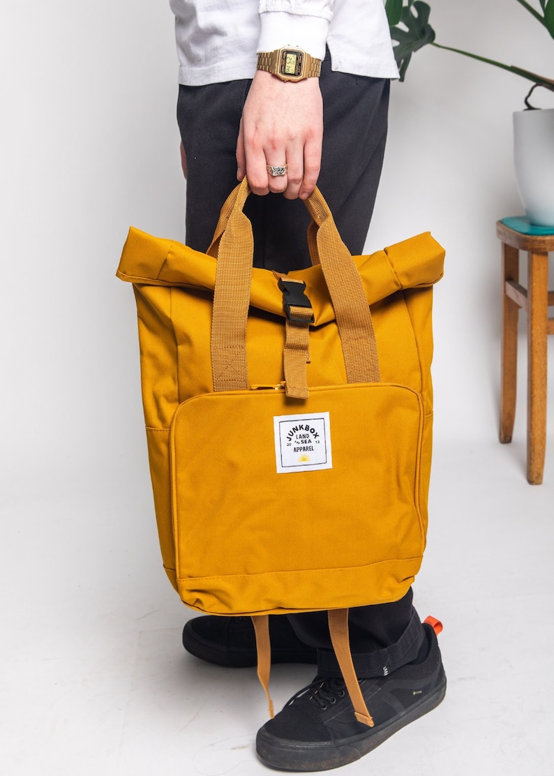 The Everyday Recycled Roll-Top Backpack in Mustard college bag, school bag, backpack, travel bag, mens bag, ladies bag, cabin bag image 4