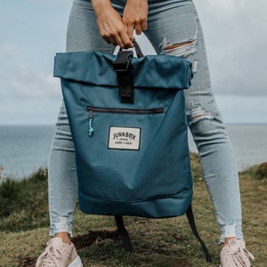 The Adventurer Recycled Roll-Top Backpack in Petrol Blue ~ college bag, school bag, rucksack, travel bag, mens bag, ladies bag, cabin bag