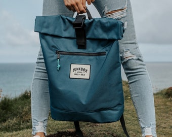 The Adventurer Recycled Roll-Top Backpack in Petrol Blue ~ college bag, school bag, rucksack, travel bag, mens bag, ladies bag, cabin bag