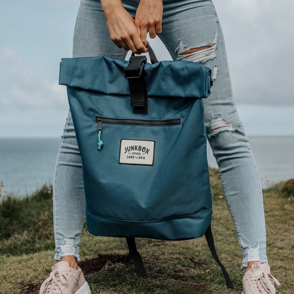 The Adventurer Recycled Roll-Top Backpack in Petrol Blue ~ college bag, school bag, rucksack, travel bag, mens bag, ladies bag, cabin bag