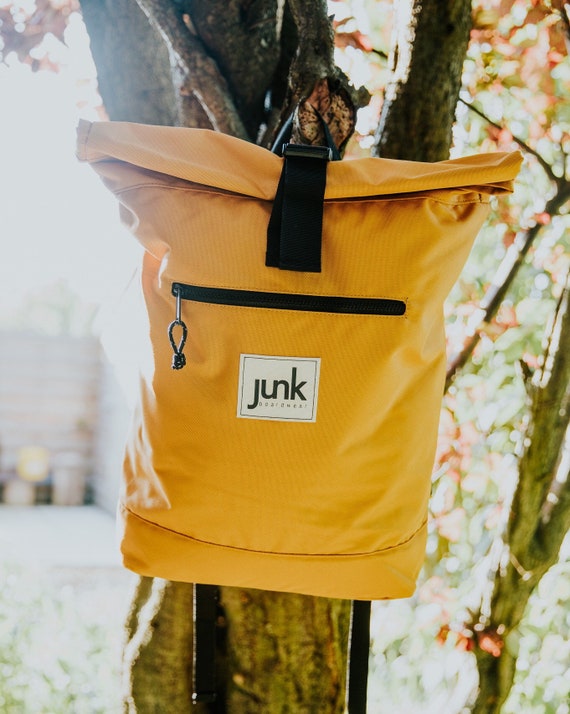 Mustard Recycled UNISEX Roll top Junkbox Rucksack ~ college bag, school bag, backpack, travel bag, mens bag, ladies bag, cabin bag