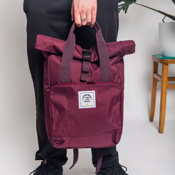 The Everyday Recycled Roll-Top Backpack in Burgundy ~ college bag, school bag, backpack, travel bag, mens bag, ladies bag, cabin bag
