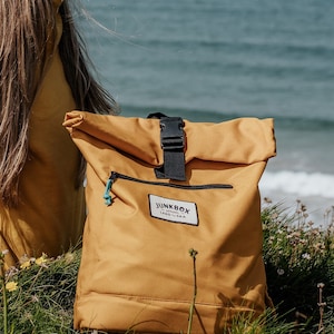 The Adventurer Recycled Roll-Top Backpack in Mustard college bag, school bag, rucksack, travel bag, mens bag, ladies bag, cabin bag image 4