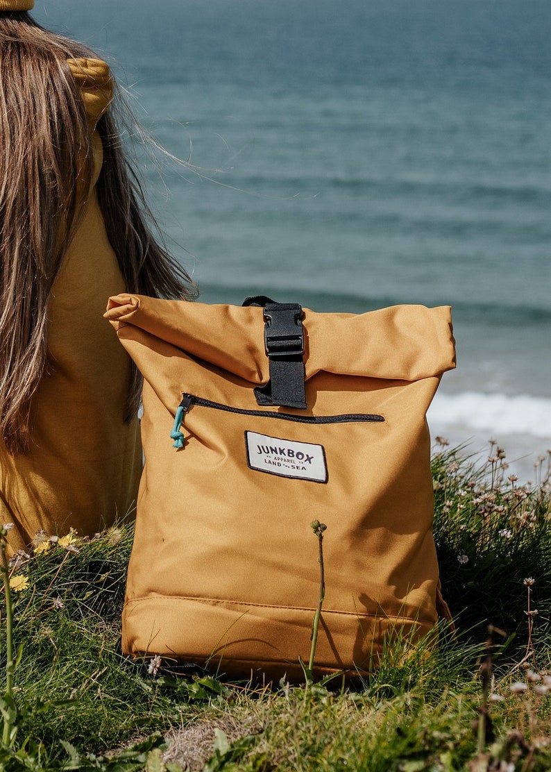 The Adventurer Recycled Roll-Top Backpack in Mustard college bag, school bag, rucksack, travel bag, mens bag, ladies bag, cabin bag image 4